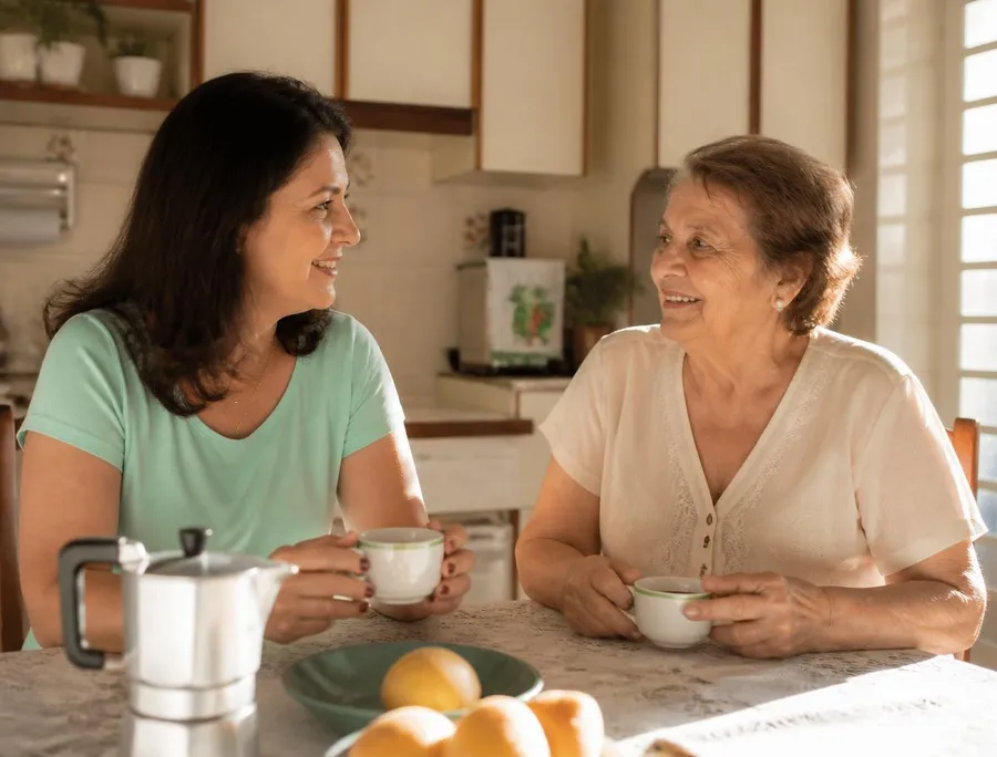 Filha adulta conversando com sua mãe idosa em um momento afetuoso na cozinha